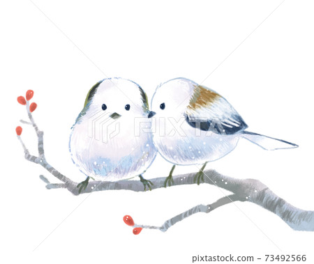 Illustration of a cute long-tailed tit, a snow fairy with a watercolor touch 73492566