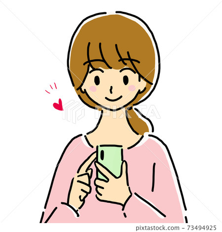 開心的年輕女子，操作智能手機的插圖 73494925