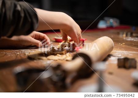 Child making delicious vegan holiday cookies of rolled pastry dough Child making delicious vegan holiday cookies of rolled pastry dough 73495042