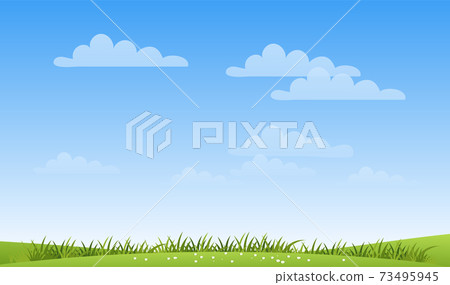 A banner with a simple spring landscape, a meadow with green grass and a blue sky with clouds and copy space. Modern summer background with place for text. Flat cartoon vector illustration. A banner with a simple spring landscape, a meadow with green grass and a blue sky with clouds and copy space. Modern summer background with place for text. Flat cartoon vector illustration. 73495945