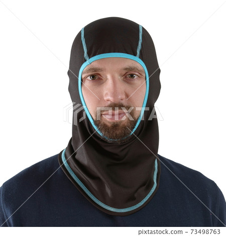 brunette man in a blue shirt with a black balaclava with blue edging 73498763