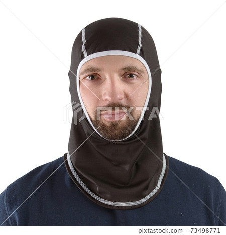 brunette man in a blue shirt with a black balaclava with gray edging brunette man in a blue shirt with a black balaclava with gray edging 73498771