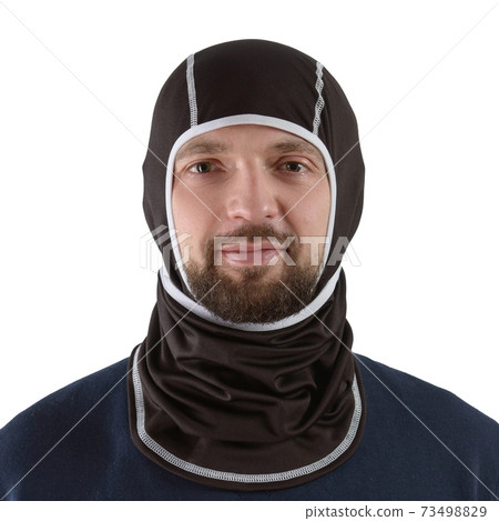 brunette man in a blue shirt with a black balaclava with gray edging brunette man in a blue shirt with a black balaclava with gray edging 73498829