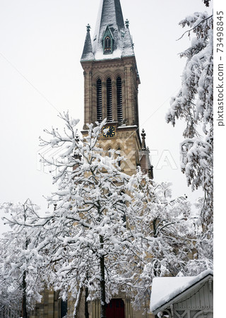 view of trees and alsatian church covered by the snow 73498845