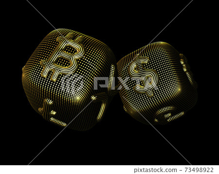 Digital 3D golden dices with cryptocurrency and fiat currency symbols Digital 3D golden dices with cryptocurrency and fiat currency symbols 73498922