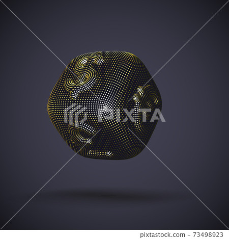 Digital golden 3D dice with currency symbols Dollar, Euro, Pound Sterling Digital golden 3D dice with currency symbols Dollar, Euro, Pound Sterling 73498923