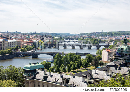 Prague panorama charles bridge river from mountain skyview Prague panorama charles bridge river from mountain skyview 73500508