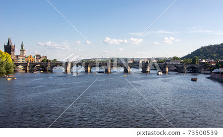Charles bridge prague sunny panorama czech republic 73500539