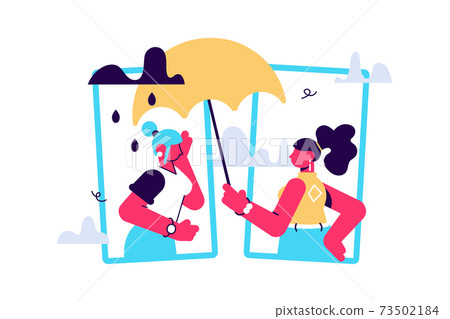 Girl comforts her sad friend over the phone. Woman consoles and cares about girl Girl comforts her sad friend over the phone. Woman consoles and cares about girl 73502184