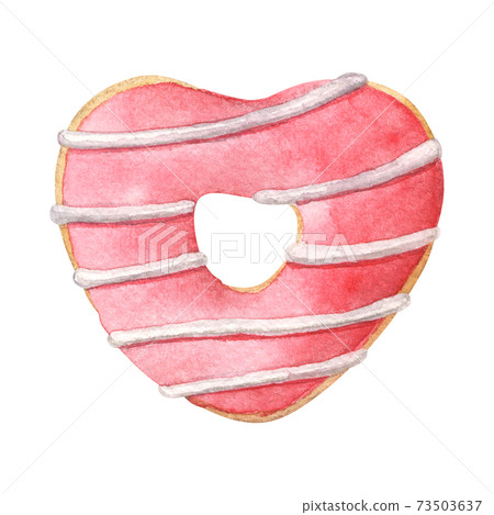 Watercolor heart shaped donut with red glaze Watercolor heart shaped donut with red glaze 73503637