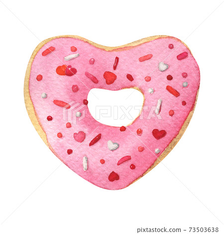 Watercolor heart shaped donut with pink glaze Watercolor heart shaped donut with pink glaze 73503638