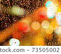 Raindrops and night view through the window 73505002