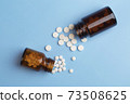 Various medicine. White round pills and two pill bottle 73508625