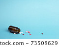 Various medicine. Different colour capsule and pill bottle 73508629