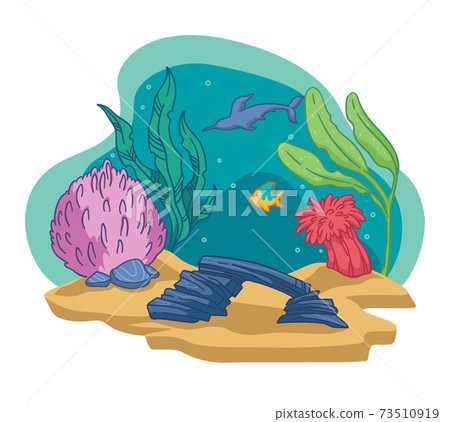 Aquarium or bottom of sea or ocean, fish and weed 73510919