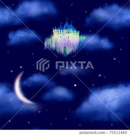 Illustration of a colorful old castle, shining stars and a crescent moon floating above the night sky and clouds Illustration of a colorful old castle, shining stars and a crescent moon floating above the night sky and clouds 73511469