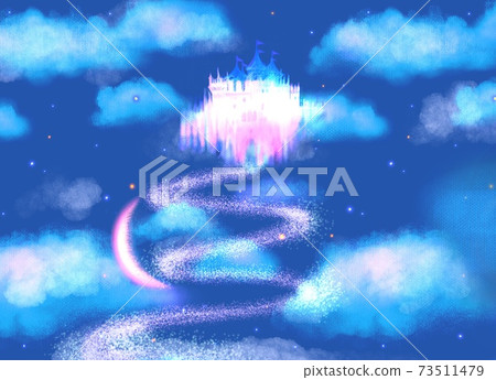 漂浮在夜晚的天空和雲彩，閃亮的星星和新月形月亮上的一座色彩繽紛的古老城堡的插圖 73511479