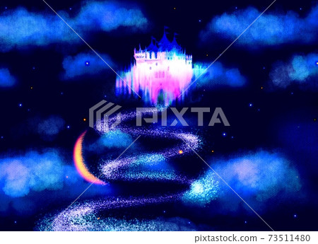 Illustration of a colorful old castle, shining stars and a crescent moon floating above the night sky and clouds 73511480