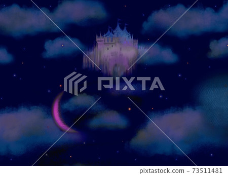 Illustration of a colorful old castle, shining stars and a crescent moon floating above the night sky and clouds 73511481
