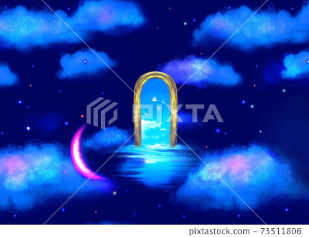 Illustration of the daytime sky and clouds melting into the night sky seen behind a mysterious door Illustration of the daytime sky and clouds melting into the night sky seen behind a mysterious door 73511806