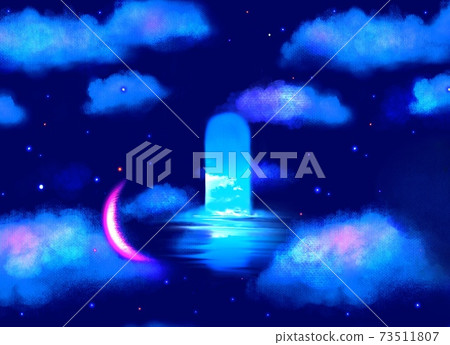 Illustration of the daytime sky and clouds melting into the night sky seen behind a mysterious door Illustration of the daytime sky and clouds melting into the night sky seen behind a mysterious door 73511807