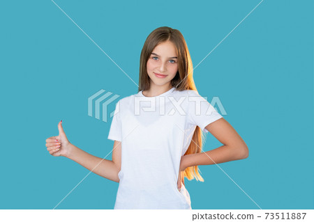 satisfied girl like gesture well done thumb up 73511887