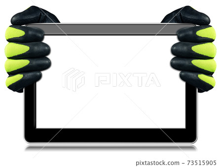 Hands with Work Gloves Showing an Empty Digital Tablet Hands with Work Gloves Showing an Empty Digital Tablet 73515905