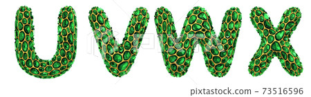 Letter set U, V, W, X made of realistic 3d render green diamond. Collection of Diamond alphabet 73516596