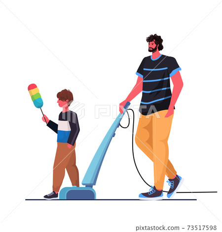 father and son having fun while cleaning parenting fatherhood concept dad spending time with kid 73517598