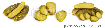 Marinated pickled cucumber isolated on white background with full depth of field. Set or collection 73520395