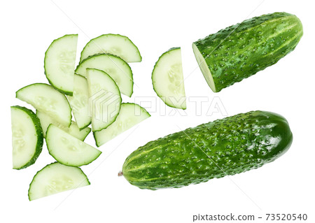 Sliced cucumber isolated on white background with clipping path and full depth of field, Top view. Flat lay 73520540