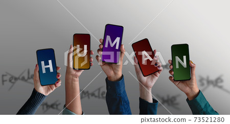 Human Concept. Group of Diversity People making Human Text on Smartphone. Power of Online Community via Social Network. do something Together 73521280