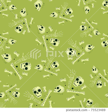 Abstract random seamless pirate style pattern with white skull and bones silhouettes. Green background. 73523489