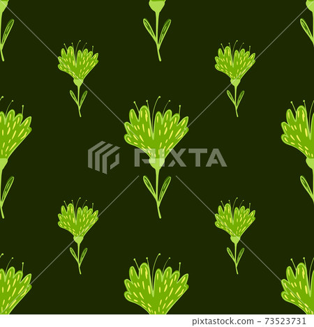 Doodle seamless pattern with green bright flower abstract print. Olive dark background. Doodle seamless pattern with green bright flower abstract print. Olive dark background. 73523731