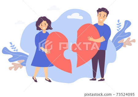 A couple puts together a puzzle of halves of the heart. A man and a woman reunite by joining two pieces into one big red heart. Vector . The concept of love, relationship recovery and family 73524095