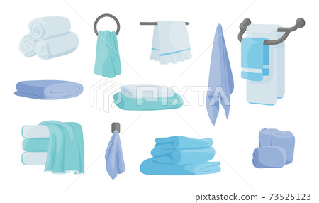 Cloth blanket. Folded fabric handkerchief, cartoon soft textile for kitchen and bathroom. Cotton napkin and rags, stacked rolled and hanging luxury towels vector isolated set Cloth blanket. Folded fabric handkerchief, cartoon soft textile for kitchen and bathroom. Cotton napkin and rags, stacked rolled and hanging luxury towels vector isolated set 73525123