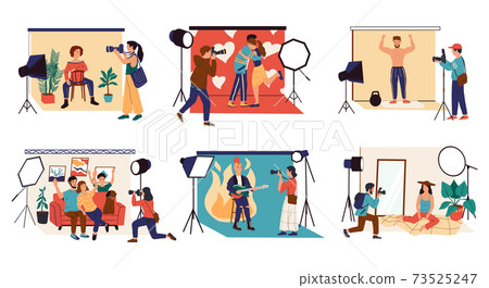 Studio photographer. Cartoon character with camera shooting couple, family and celebrity. Fashion models posing. Men and women taking pictures with professional equipment, vector set 73525247