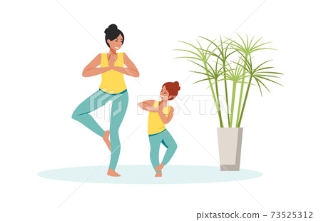 Family scenes. Mother and daughter do yoga, mom and little girl spend time together, kid doing asana and meditation, parenthood and childhood concept, cartoon vector isolated characters Family scenes. Mother and daughter do yoga, mom and little girl spend time together, kid doing asana and meditation, parenthood and childhood concept, cartoon vector isolated characters 73525312