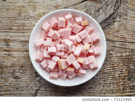 bowl of chopped ham sausage, from above bowl of chopped ham sausage, from above 73525995