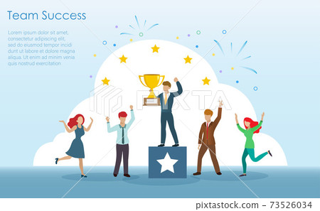 Business man and woman in office with happy manner celebrating trophy cup award winner on their achievement. Business competition and teamwork success concept. Business man and woman in office with happy manner celebrating trophy cup award winner on their achievement. Business competition and teamwork success concept. 73526034