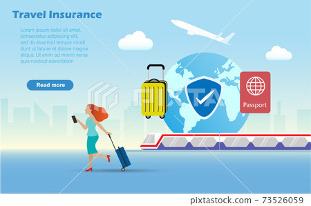 Woman with luggage travelling with airpland and railway with travel insurance for protection. Idea for travel insurance. Landing page for website. 73526059