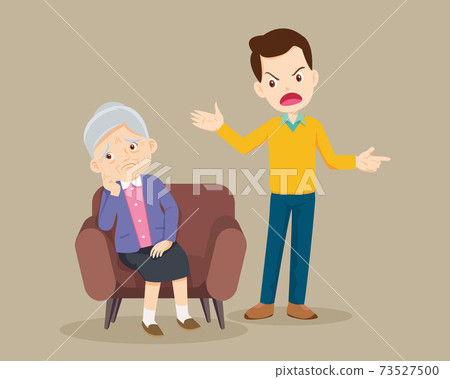 Angry man scolding to elderly woman sitting on... - Stock Illustration ...