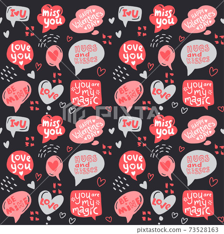 Valentine's Day seamless pattern. Love elements and modern lettering on a dark isolated background. Valentine's Day seamless pattern. Love elements and modern lettering on a dark isolated background. 73528163