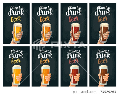 Male hand holding a glass with four types beer - light, white, red and dark. Male hand holding a glass with four types beer - light, white, red and dark. 73529263