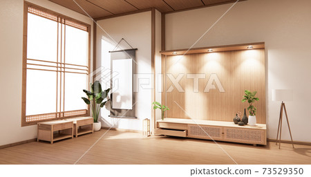 wooden cabinet in modern empty room and white wall on white floor room japanese style. 3d rendering 73529350