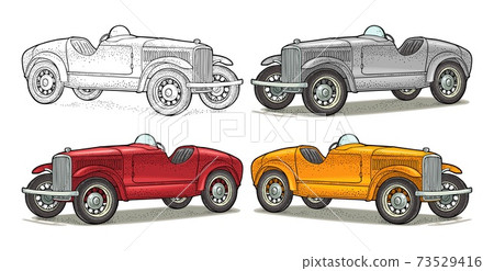 Retro car roadster. Side view. Vintage color engraving 73529416