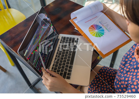 Female financial accountant working on laptop and pie chart data Female financial accountant working on laptop and pie chart data 73529460