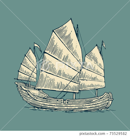 Junk floating on the sea waves. Hand drawn design element sailing ship. Vintage vector engraving illustration for poster, label, postmark. Isolated on blue background 73529582