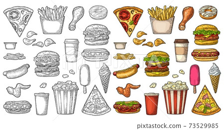 Set fast food. Coffee, hamburger, pizza, hotdog, fry potato, popcorn Set fast food. Coffee, hamburger, pizza, hotdog, fry potato, popcorn 73529985