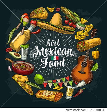 Circle shape set mexican food engraving illustration on dark 73530031
